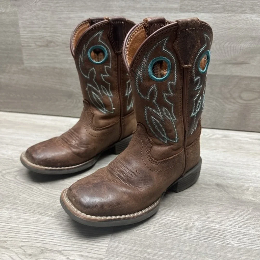 Justin Bowline Junior Kids Youth Brown‎ Leather Square Toe Pull-on Boots Size 9D